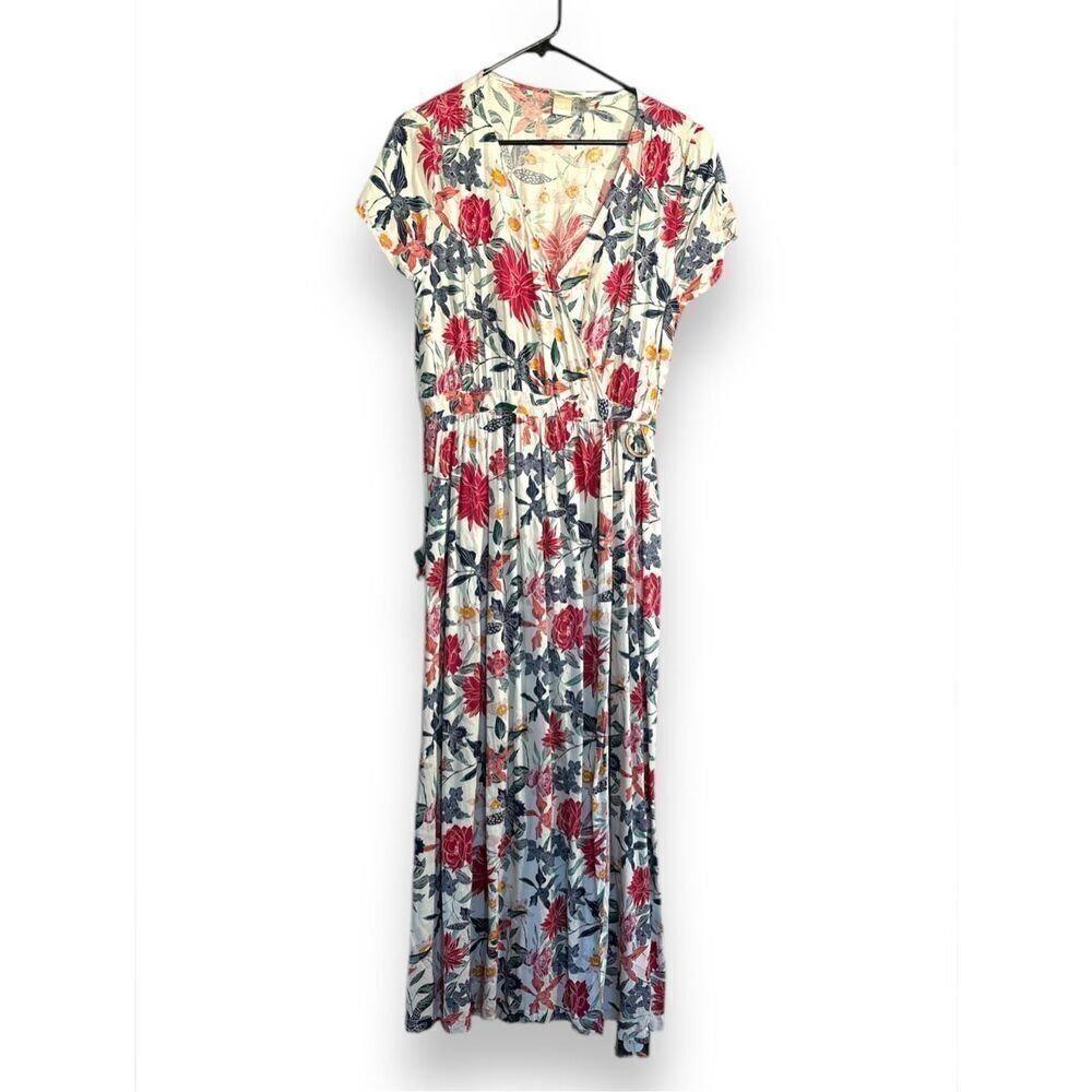 Roxy Women's White Floral Short Sleeve V-Neck Long Maxi Wrap Dress 12‎ Beachy - Picture 2 of 4